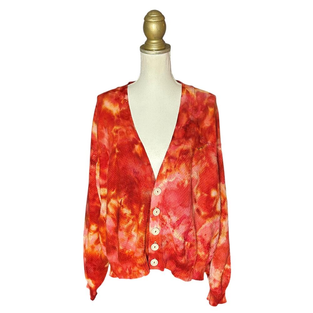 Vintage Embroidered Georgia Cotton Knit Cardigan Sweater - OOAK Tie Dye - L